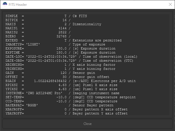 FITS Header Dialog