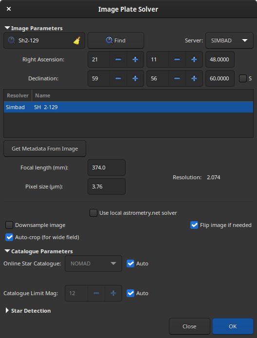 Astrometry dialog