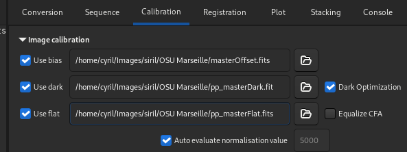 Siril Calibration Tab