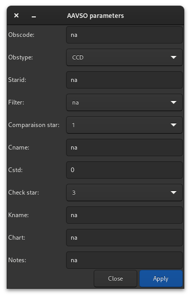 AAVSO parameters dialog